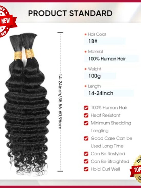 20 Inch Deep Wave Human Hair Extensions for Braiding 100g Bundles main image 4